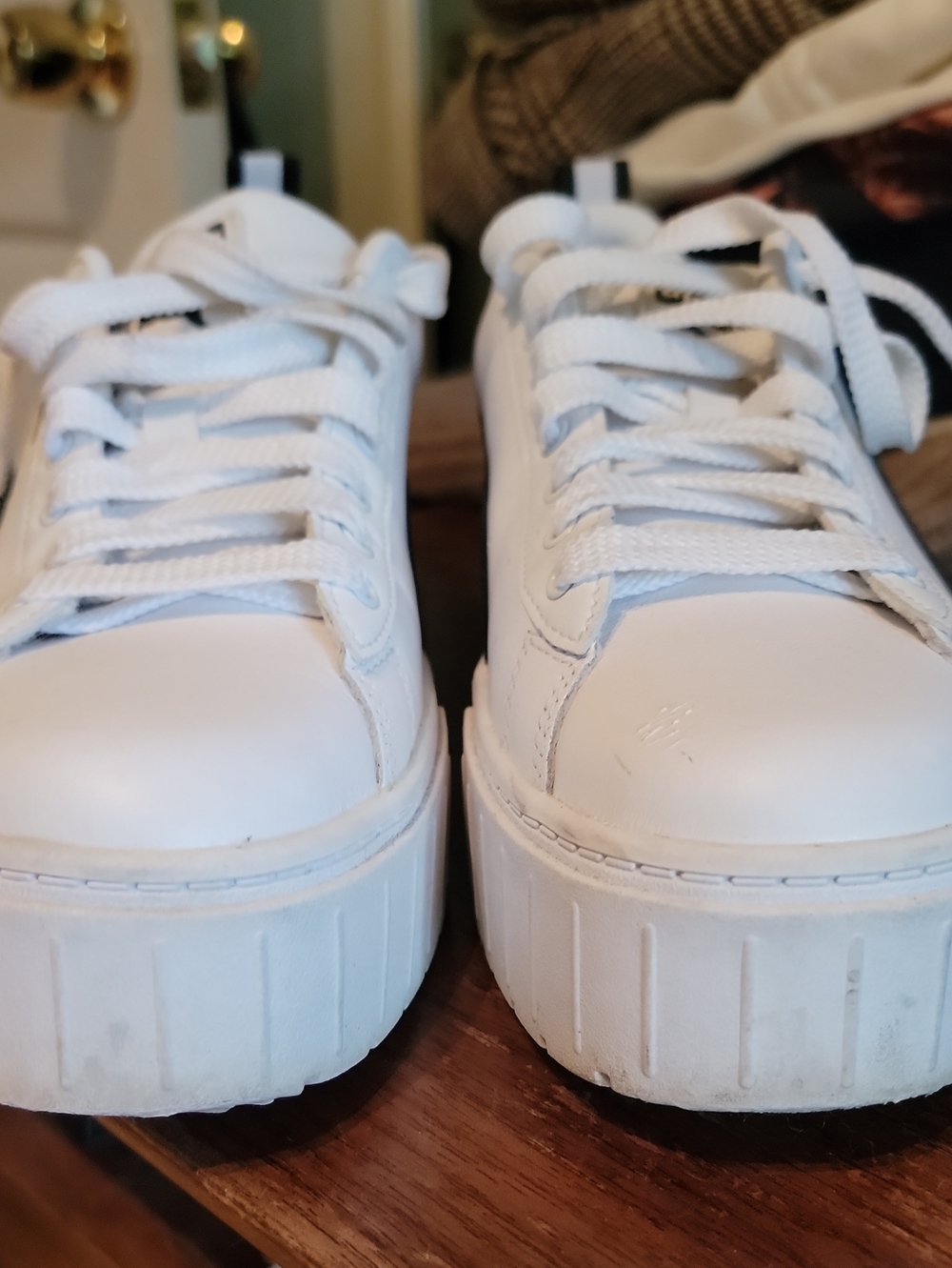 Women's White Platform Sneakers with Black Accent - Picture 2 of 10